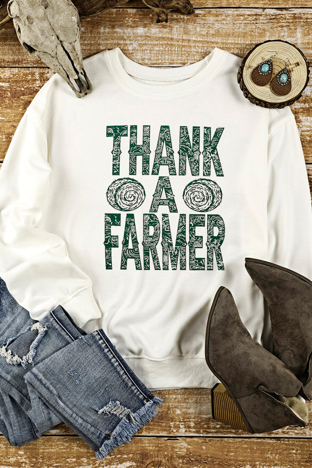 L1fe & Ranch - Women's THANK A FARMER Pattern Print Long Sleeve Sweatshirt