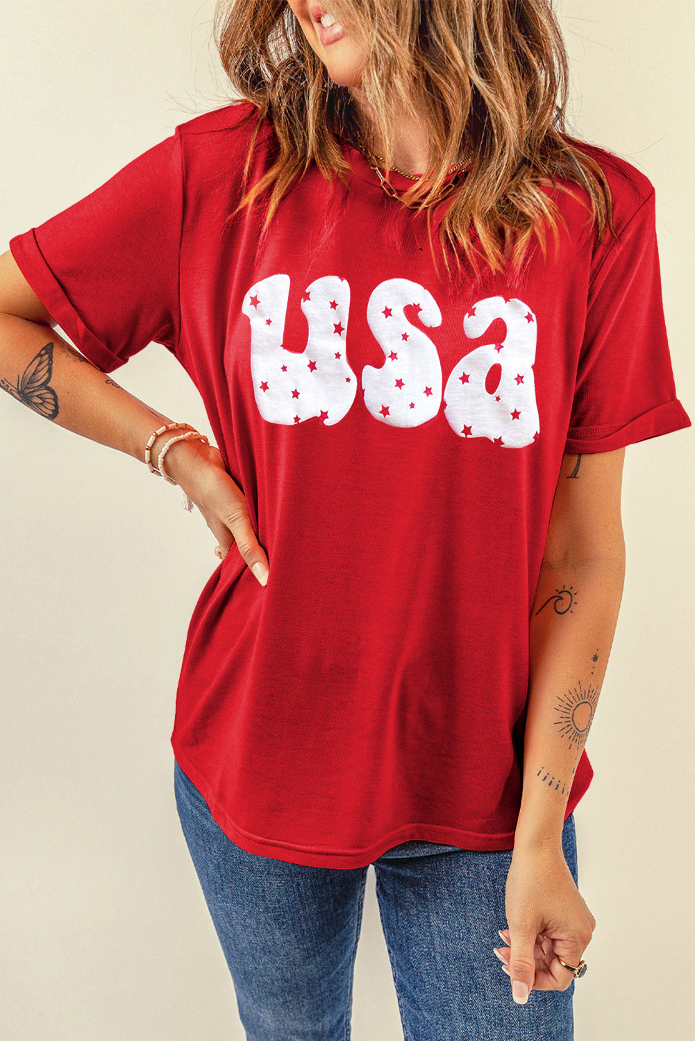 L1fe & Ranch - Women's USA Stars Print Round Neck Casual Tee