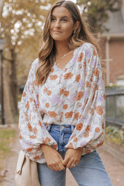 L1fe & Ranch - Women's Floral Print V Neck Puffy Lantern Sleeve Blouse